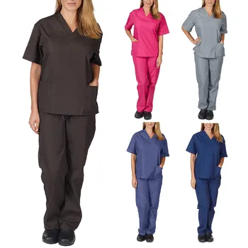 Kvinder er Massivt Strække Uniform Sommeren Krat Sæt V-Hals Top Last Tilspidset Jogger Bukser Sygeplejersker Sundhedsydelser Korte Ærmer Uniformer