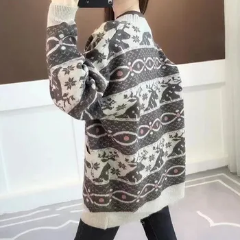 Kvinders Cardigan Sweater Efterår Casual Strikkede Løs Trykt Lomme Trøje med Oversize Trøjer