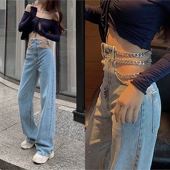 Kvinders Jeans med Høj Talje Bukser Sexet, Elegant Europa Mode Harajuku JeansStreetwear Side Cross Kæde Hule Ud af Wide-ben Bukser