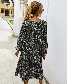 Kvinders Lange Nederdel Forår Sommer med Lange Ærmer Elegant Kvadratisk Krave Kjole 2021 Nye Europæiske og Amerikanske Stil Kvindernes Påklædning