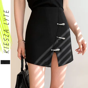 Kvinders Mini Nederdel Fashion Pin Design Uregelmæssige Damer Høj Talje 2021 Nye Sommer Sexede Kvindelige Slank Bunde Korte Nederdele