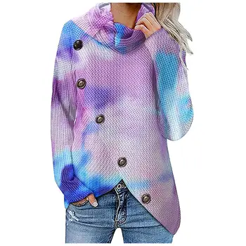 Kvinders Turtleneck Sweater Uregelmæssig udskrivning Løse Kvinder Bluse Med Knapper Vinter Fashion Ladies Casual Sweater Kvindelige 2020