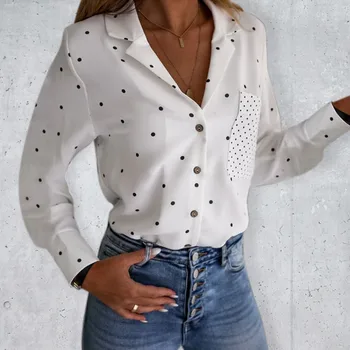 Kvinders Vintage Polka Dot Udskrivning Shirts Mode-Knappen Lomme Revers Shirts Afslappet langærmet Slim-Shirts женские блузки