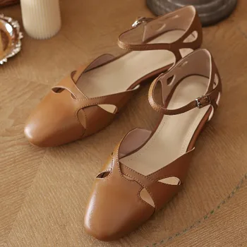 Kvinders ægte læder ankel rem lejligheder sandaler rund tå hule-out afslappet sommer kvindelige fodtøj dagligt høj kvalitet sko