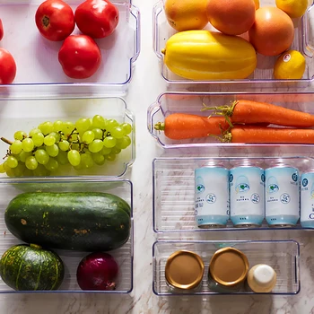 Køleskab Stabelbare Arrangør Køleskab med Udskæring Håndtag i Klart Plastik Pantry Kabinettet Kan kopholder Opbevaring Køkken Værktøjer