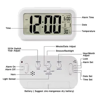 LED Digitalt Ur Baggrundslys Lys Kontrol Udsæt Elektronisk Vækkeur Med Snooze-Baggrundslys Temperatur Kalender