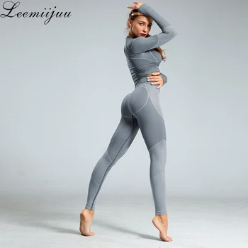 LEEMIIJUU 2 stk/sæt Sport, der Passer Yoga Sæt Fitness Workout Tøj langærmet Trænings-og Afgrøde Top + Høj Talje Energi Problemfri Leggings