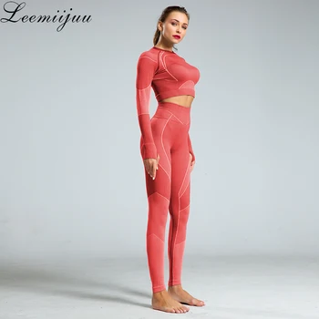 LEEMIIJUU 2 stk/sæt Sport, der Passer Yoga Sæt Fitness Workout Tøj langærmet Trænings-og Afgrøde Top + Høj Talje Energi Problemfri Leggings