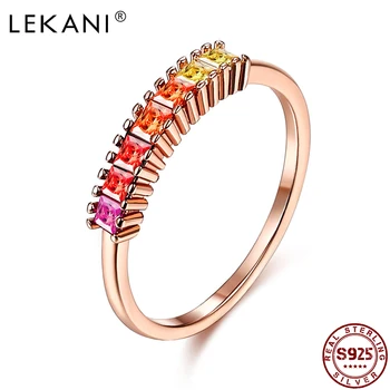 LEKANI Rainbow S925 Sterling Sølv Ringe For Kvinder Farverige Cubic Zirconia Rose Guld Belagt Elegante Kvinder Gave Fine Smykker