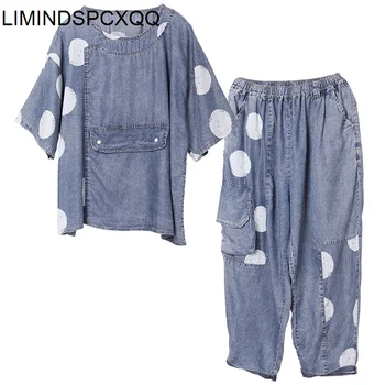 LIMINDSPCXQQ koreanske kvinder ' s design Retro polka dot to stykke strik, jeans, kortærmet top og rag bukser, store, sommer 2021
