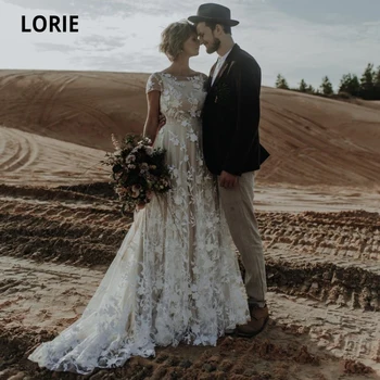 LORIE Boheme Bryllup Kjoler Cap Ærmer Lace A-Linje Backless skræddersyet Elegant Brudekjole Lang Bruden Kjole 2021