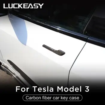 LUCKEASY dørhåndtag patch til Tesla Model 3 Model Y 2017-2021 Bil ægte carbon fiber fladskærms stil Dør håndtag mærkat 4stk/sæt
