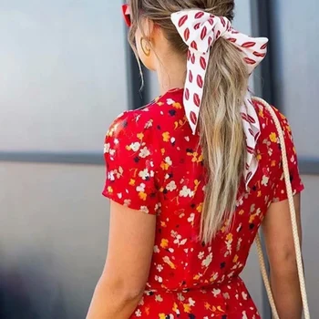 Lang Kjole Red Ladies Puff Ærmer Blomster Wrap V Hals Sommeren koreansk Mode Print Udskåret i Ét stykke Tøj Til Kvinder 2021 Elegant