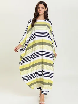 Lange Mellemøstlige Islamiske Musilm Kjole Fashion Store Hem Design Løs Trykt Stribet Dame Maxi Kjole Efteråret Musilm Vestidos