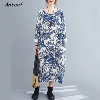 Langærmet bomulds-linned vintage blomstret til kvinder casual løs foråret efteråret klæde sig elegant tøj 2021 damer kjoler