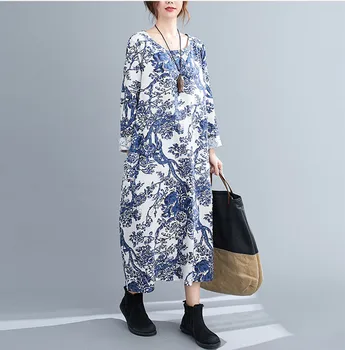 Langærmet bomulds-linned vintage blomstret til kvinder casual løs foråret efteråret klæde sig elegant tøj 2021 damer kjoler