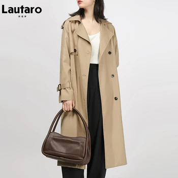 Lautaro Foråret Efteråret Khaki Oversized Lang Trench Coat for Kvinder 2021 Raglan Ærme Bælte Dobbelt Breasted Britisk Stil Frakke