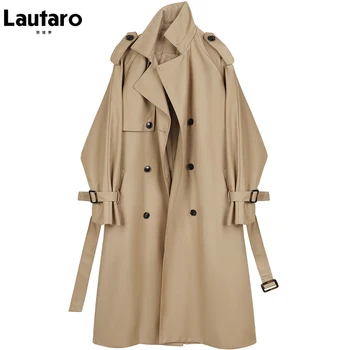 Lautaro Foråret Efteråret Khaki Oversized Lang Trench Coat for Kvinder 2021 Raglan Ærme Bælte Dobbelt Breasted Britisk Stil Frakke
