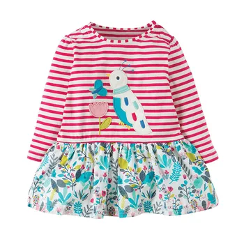 Lidt maven kids girls fashion brand efteråret baby piger tøj stribet fugl kjole Bomuld print lille barn pige kjoler S0521