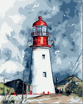 Lighthouse Forsvare Billede Maleri Af Numre Landskab Landskab bygning med kits pakke På Lærred farve maling af numre