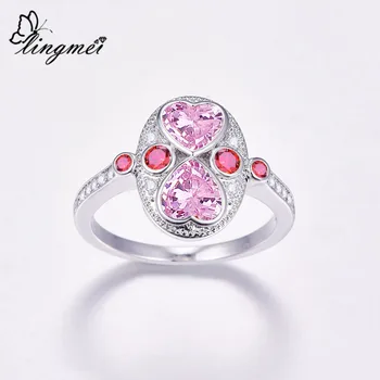 Lingmei Smukke Dobbelt Hjerte Unik Mode PinkWhiteYellowRed Zircon Sølvfarvet Ring Størrelse 6-9 Bryllup Band