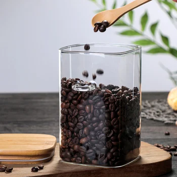 Lufttæt Opbevaring Af Fødevarer Jar Glas Kaffe Bønne Krydderi Sukker, Mel Krukker Beholdere Med Låg Og Træske Køkken Opbevaring