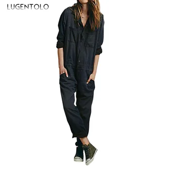 Lugentolo Kvinder Elegant Buksedragt Mode Løs Lange Ærmer Casual Black Solid Lomme-Knappen Street Kvindelige Street Jumpsuits