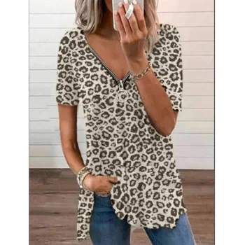 Lugentolo Leopard t-shirts Kvinder Sommer Mode Korte Ærmer og Lynlås, V-hals Løs i Stor Størrelse Casual t-Shirts kvinde