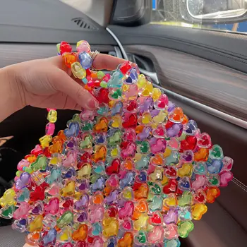 Luksus Klare Farvede Crystal Beaded Skuldertaske Hjerte Form Akryl Håndlavet Kvinder Pearl Taske Aften Kobling Pung Strand Ferie