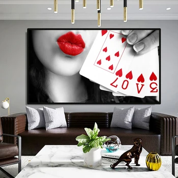 Lærred maleri af en kvinde med røde læber med en rød hjerte-kort, som symboliserer den kunst print og hjem dekoration af KÆRLIGHED