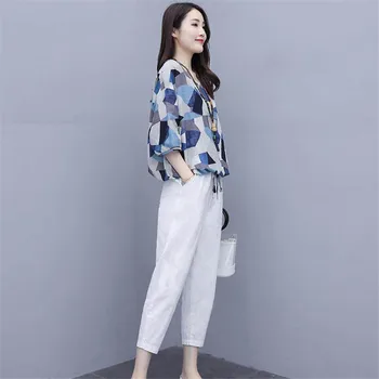 M-4xl Sommer To-delt Sæt Tøj Kvinder Plus Size PrintedShort Ærme Toppe Og pur farve Bukser koreanske Sæt