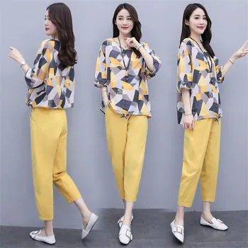 M-4xl Sommer To-delt Sæt Tøj Kvinder Plus Size PrintedShort Ærme Toppe Og pur farve Bukser koreanske Sæt