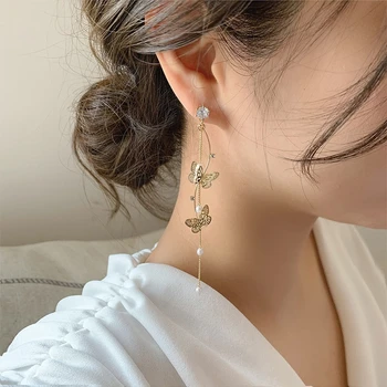MENGJIQIAO koreansk Mode Metal Hule Butterfly Drop Øreringe Til Kvinder, Damer Elegant Perle Kvast Lang Pendientes Smykker