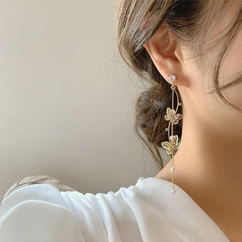 MENGJIQIAO koreansk Mode Metal Hule Butterfly Drop Øreringe Til Kvinder, Damer Elegant Perle Kvast Lang Pendientes Smykker