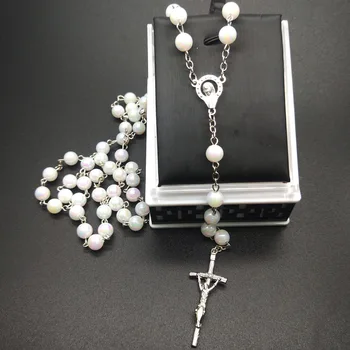 Magic Color Hvid Perle Lys Bede Perler Rasary Kors Vedhæng Religiøse Katolske Kristus Skønhed Smykker Gave Til Kvinder