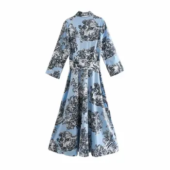 Maxi Kjoler til Kvinder Foråret 2021 Za Landskab Print langærmet Kjole Europæiske Mode Enkelt Breasted Vinger Shirt Lang Kjole