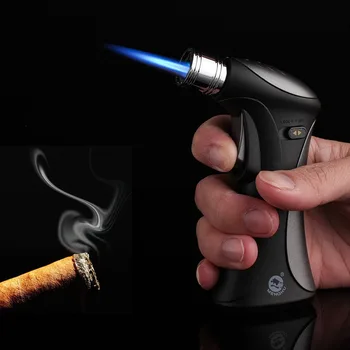 Metal Lightere Cigar Butan Torch Lettere Lille Sprøjtepistol Oppustelige Vindtæt Gas Lighter Faste Lås Udendørs Køkken Blue Flame