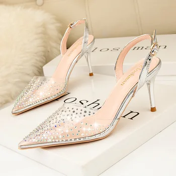 Mode 7cm enkel pegede lavvandede høje hæle transparent diamant fashion sandaler tynd hæl hule kvinder sko