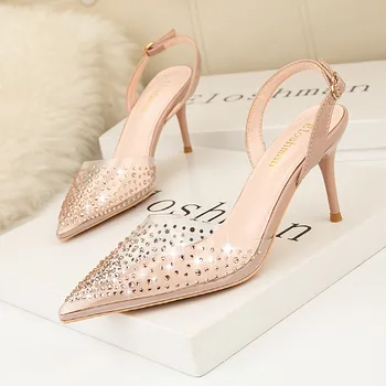 Mode 7cm enkel pegede lavvandede høje hæle transparent diamant fashion sandaler tynd hæl hule kvinder sko