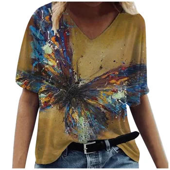 Mode Farve Graffiti Maleri Print Kvinder Sommer T-Shirt Afslappet 4XL Plus Size Damer Løs V-Hals, Korte Ærmer Top Tee Tøj