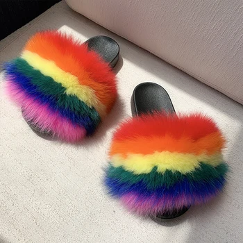 Mode Fox Fur Tøfler Comfort Sandaler Kvinder Bløde Dias Furry Farverige Klip-klappere 2021 Plys Pels Sandaler
