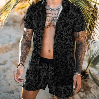 Mode Hawaii Sætter Man Udskrivning Korte Ærmer-Knappen Shirt Beach Shorts 2021 Sommeren Streetwear Afslappet Strand Shirt Sæt Mænd 2stk