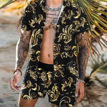 Mode Hawaii Sætter Man Udskrivning Korte Ærmer-Knappen Shirt Beach Shorts 2021 Sommeren Streetwear Afslappet Strand Shirt Sæt Mænd 2stk