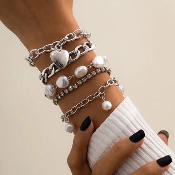 Mode Imiteret Perle hjertevedhæng Tyk Kæde-Armbånd-Sæt til Kvinder Charme Vintage Krystal armbånd Armbånd Party Smykker