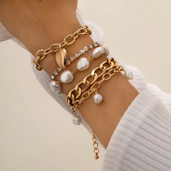 Mode Imiteret Perle hjertevedhæng Tyk Kæde-Armbånd-Sæt til Kvinder Charme Vintage Krystal armbånd Armbånd Party Smykker