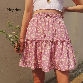 Mode Nederdel for Kvinder Daisy Print og Lynlås, Høj Talje Pjusket Afslappet Mini Nederdel Sexet Streetwear Boheme Kort Nederdel 2021
