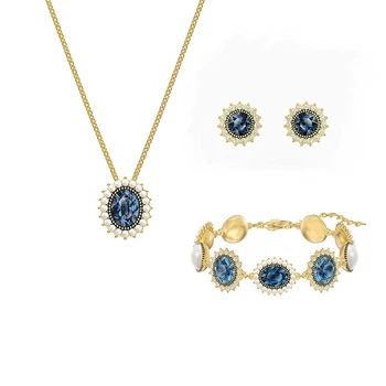 Mode Smykker SWA Nye ÅRTUSINDE Sæt Gule Guld Retro Stil Oval Blå Krystal Perle Kvindelige Sæt Luksus Smykker Romantisk Gave