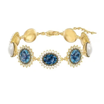 Mode Smykker SWA Nye ÅRTUSINDE Sæt Gule Guld Retro Stil Oval Blå Krystal Perle Kvindelige Sæt Luksus Smykker Romantisk Gave