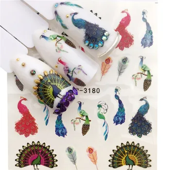 Mode Stickers til Negle DIY Smuk Påfugl Fjer Vand Skydere, Manicure, Udsmykning Akvarel Søm Mærkat Klistermærker Accessoires