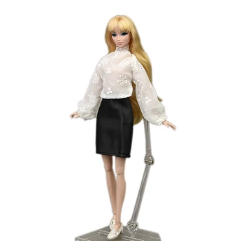 Mode Tøj Til Barbie Dukke, 1:6 Tilbehør Dukker Outfits Hvid Puff Ærme Toppe Sort Læder Nederdel For Blythe Dukke Toy